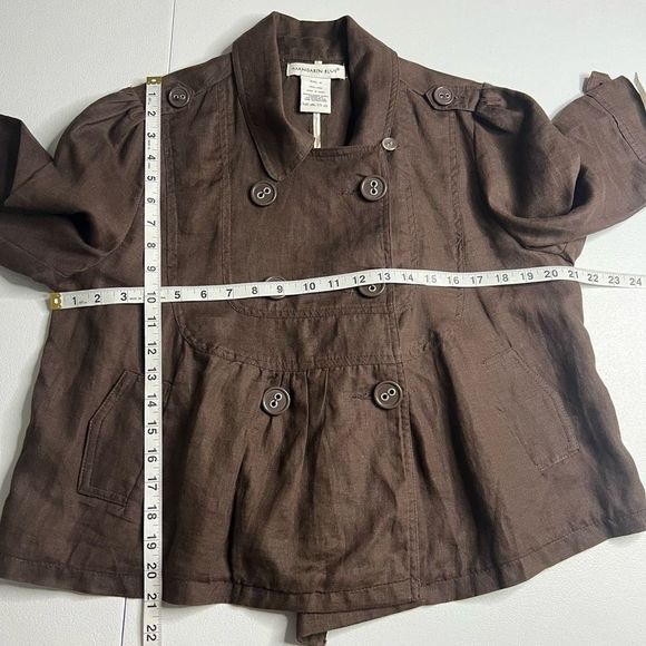 Mandarin Blue Linen Double-Breasted Tab Shoulder Collared‎ Neckline Coat Medium - Picture 9 of 12